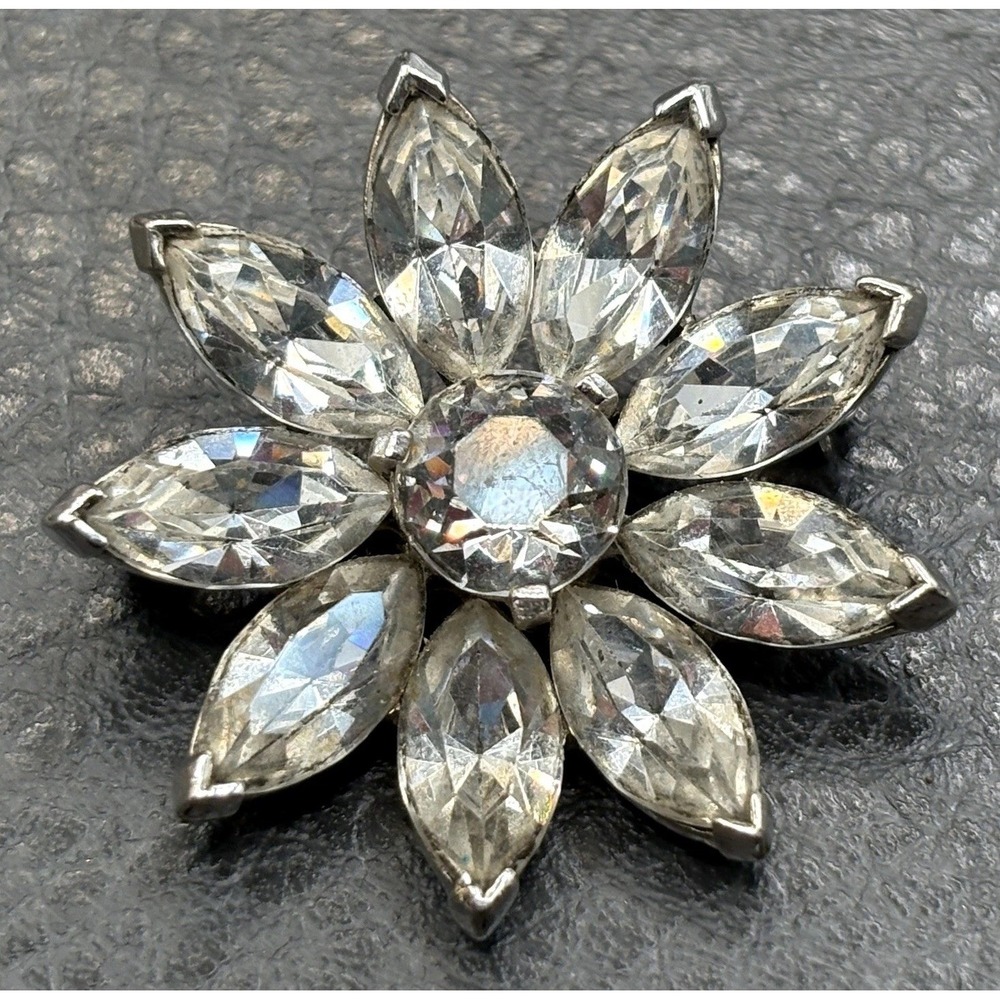 Vintage Kramer of New York Rhinestone Flower Starburst Brooch Silver Tone
